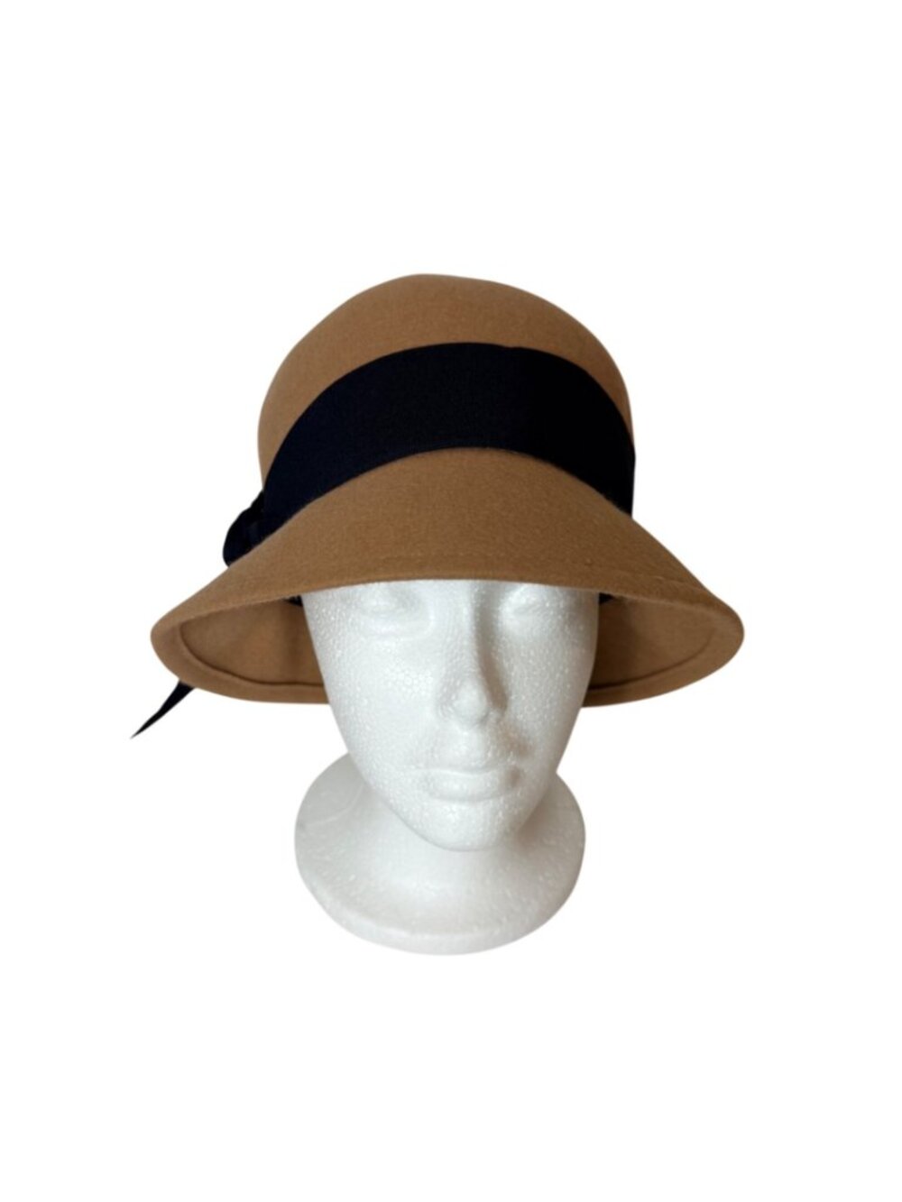 Camel Wool Cloche Hat Black Ribbon Floral Accent VTG Retro Winter Womens Fashion - Picture 6 of 16
